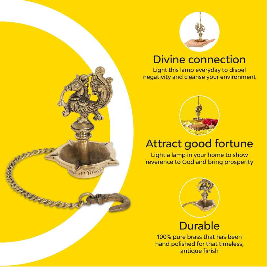 Peacock Design Brass Hanging Diya | Gold | Antique | Diya-Pooja | 10Club