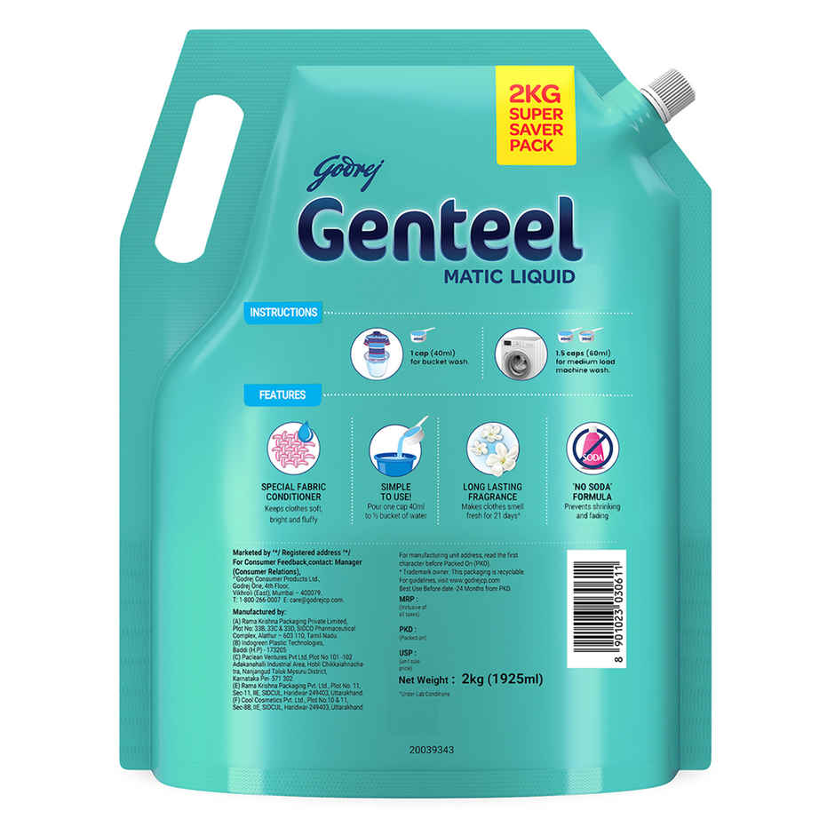 Godrej Genteel Matic Front Load Detergent Liquid Refill Pouch