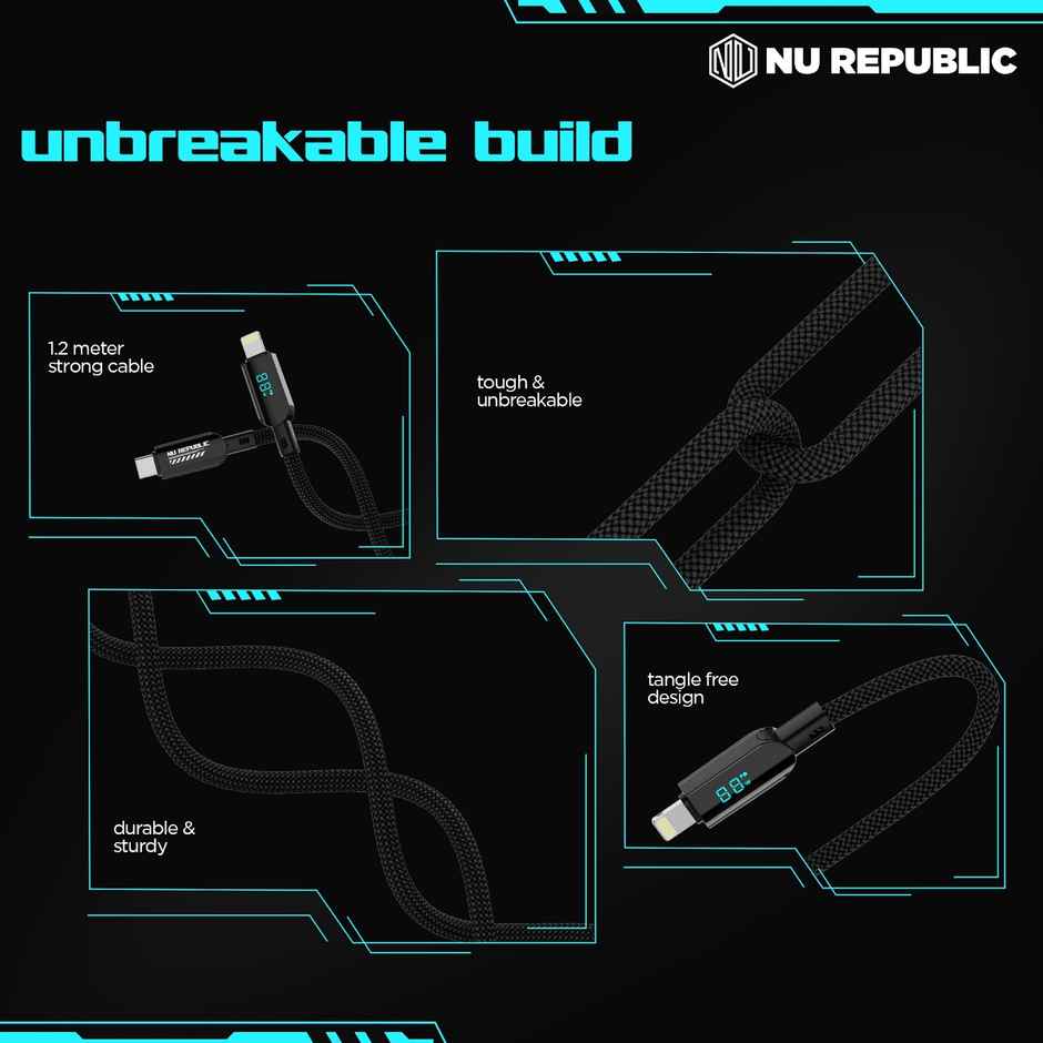 Nu Republic Blaze Fusion Spot 33W With Led Display Data Charging Cable (Type-C To Type-L, Black)