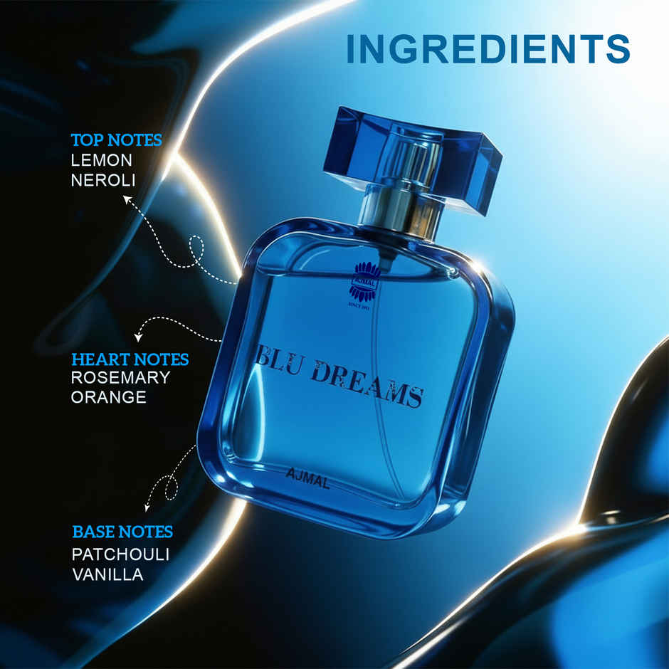 Ajmal Blu Dreams Eau De Parfum | Long Lasting Scent Spray | Fougere Perfume Gift For Men