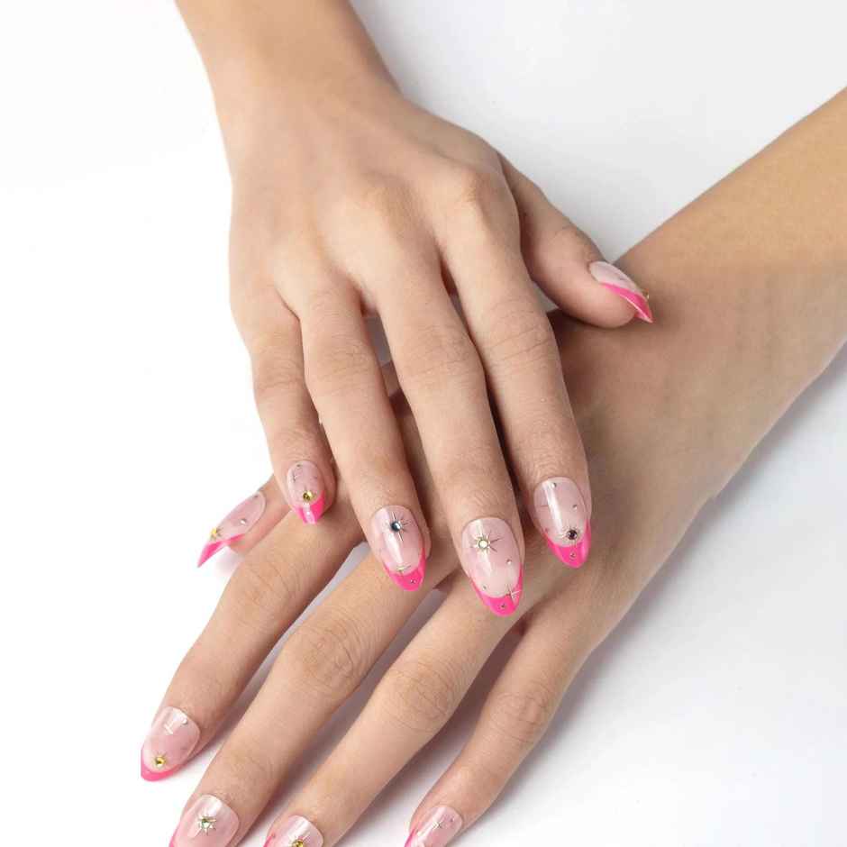 Pep Nails Blush & Bling Pink Gemstone Medium Almond Reusable Press On Nails | 24 Nail Tips