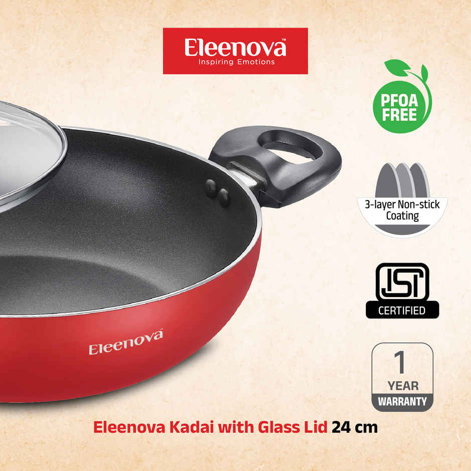 Eleenova Magic Nonstick | Non - Induction Kadai with Glass Lid | 3 Layer Non Stick Coating