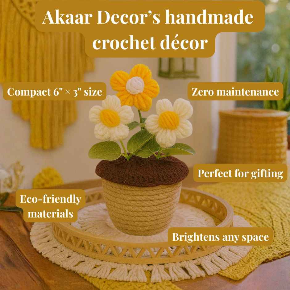 Bosco Handcrafted Crochet Flower Pot 6 Inch | Yellow White