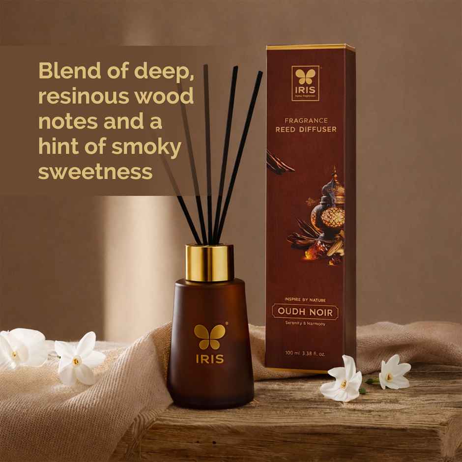IRIS Oudh Noir Frosted Glass Reed Diffuser Set | Oil and 5 Fibre Reed sticks