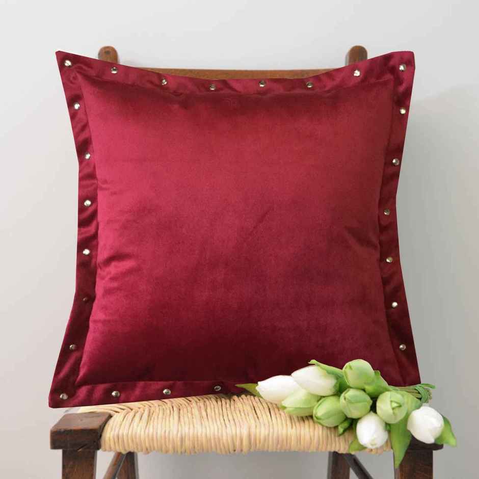 Lushomes Velvet Cushion Cover - Maroon | 16 x 16 inch | Metal Buttons