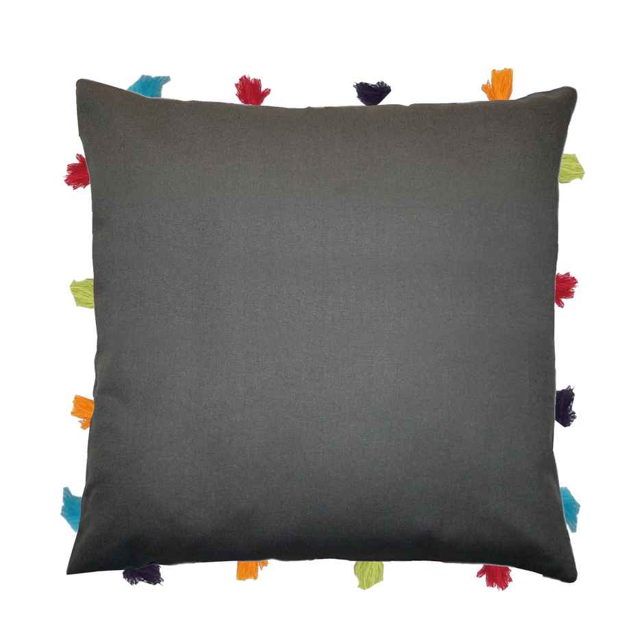 Lushomes Cushion Cover with Pom Pom - Grey | 14 x 14 inch