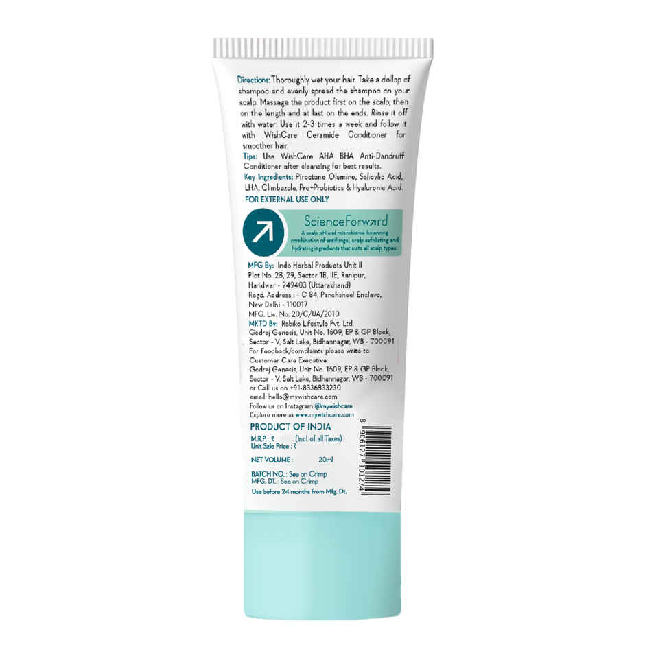 WishCare Hydrating AHA BHA Anti Dandruff Shampoo | Piroctone Olamine | Salicylic Acid | LHA | Probiotics