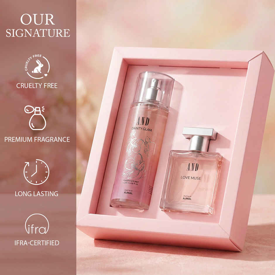 And By Ajmal Love Muse Eau De Perfume & Dainty Glam Body Mist For Women (250ml) & Joyful Blooms Crochet Bouquet (1pc) Combo