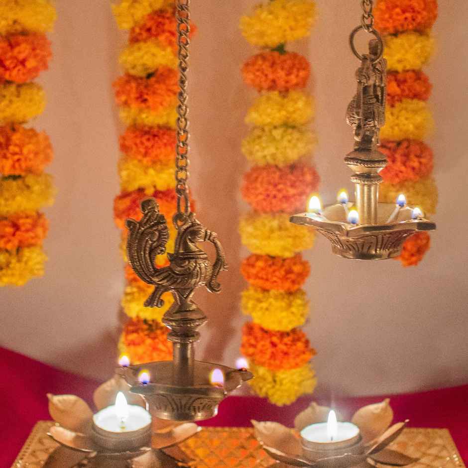 Peacock Design Brass Hanging Diya | Gold | Antique | Diya-Pooja | 10Club