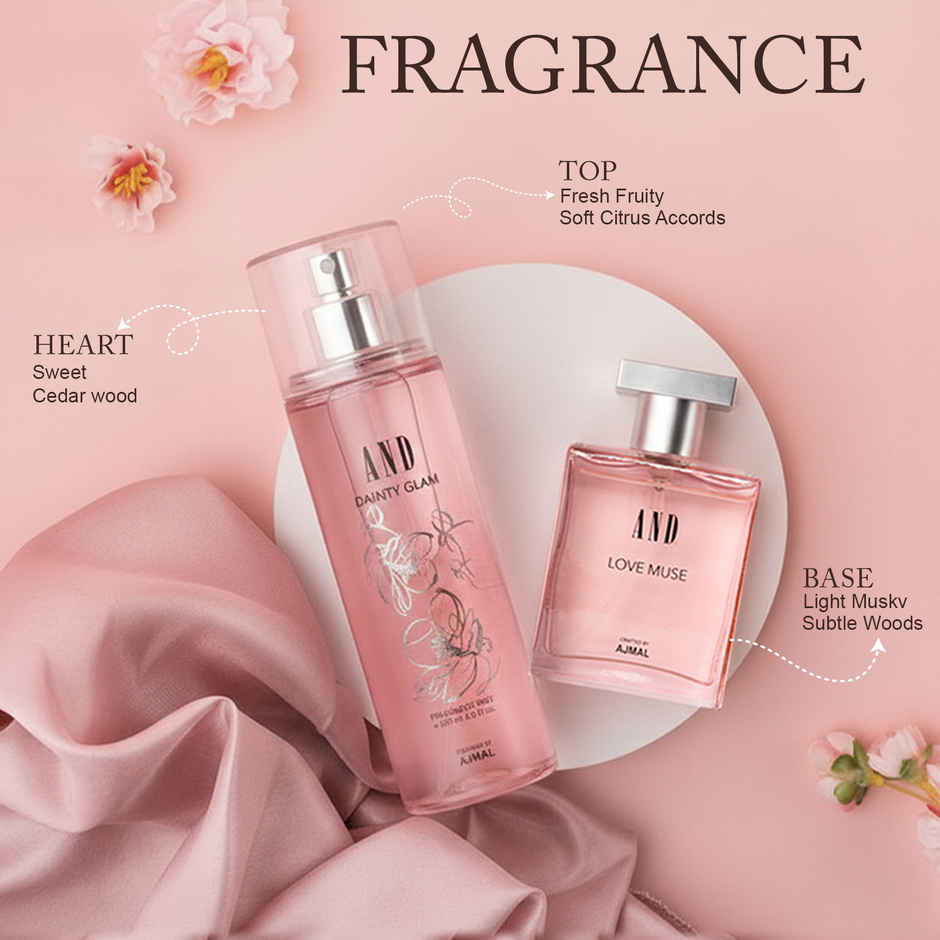 Snickers Best Of Our Minis Chocolate Gift Tin (133g) & And By Ajmal Love Muse Eau De Perfume & Dainty Glam Body Mist For Women (250ml) Combo