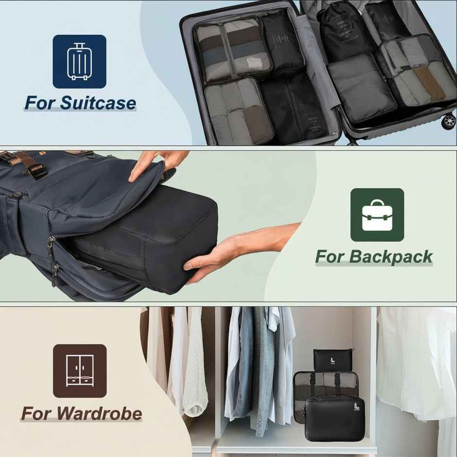 Lazer Polyester Travel Organizer Bag 3 Packing Cubes + 3 Pouches + 1 Toiletry Organizer Bag | Black