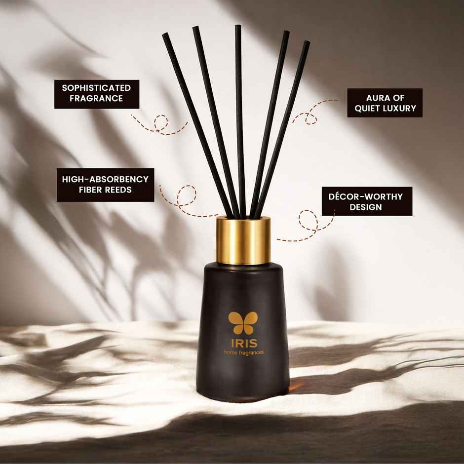 IRIS Cedar Embers Frosted Glass Reed Diffuser Set | Oil and 5 Fibre Reed sticks