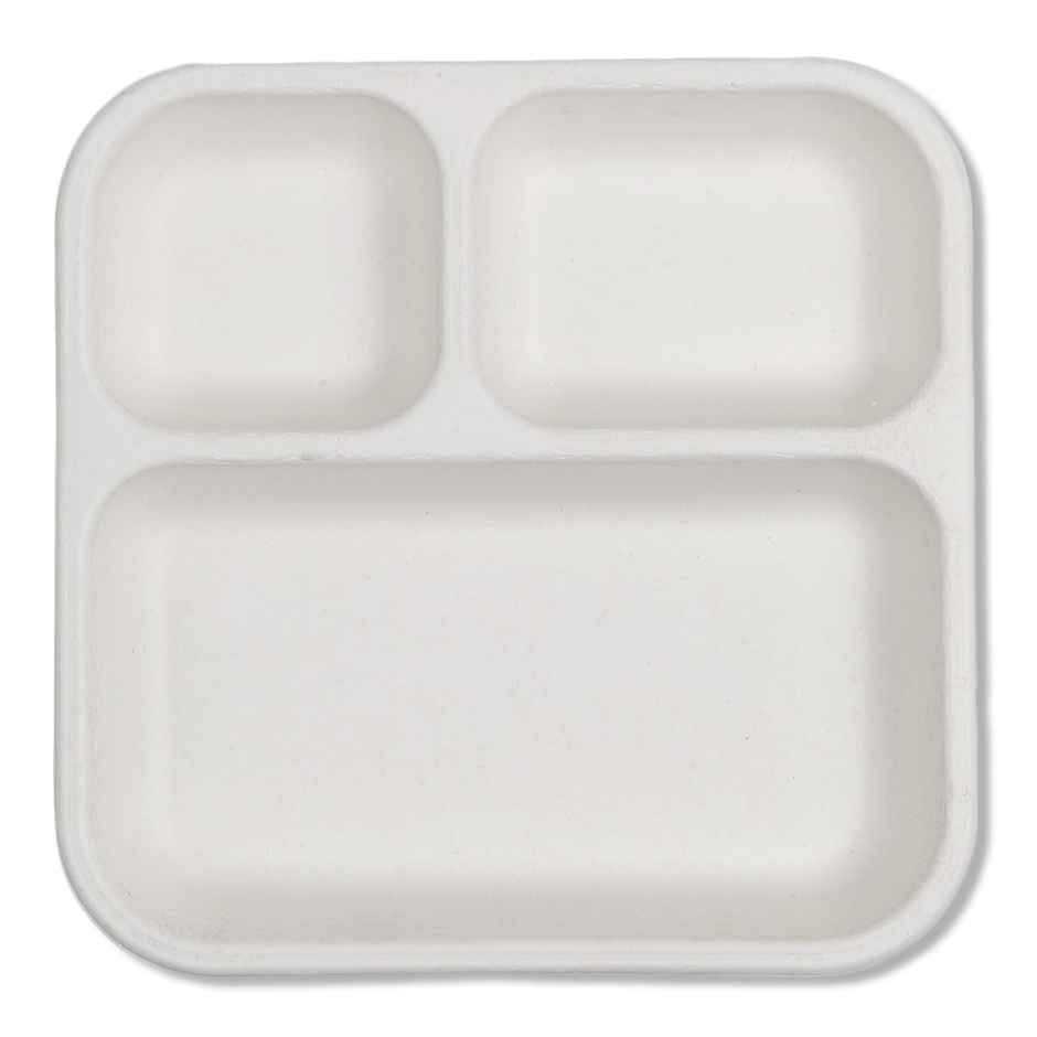 Vinay Trading Bio- Degradable Bagasse 3 Compartment 11 Inch Square Plates | Disposable Plate Combo