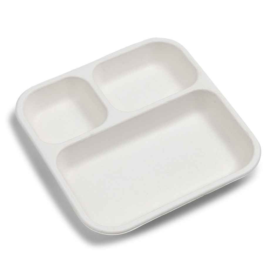 Vinay Trading Bio- Degradable Bagasse 3 Compartment 11 Inch Square Plates | Disposable Plate Combo