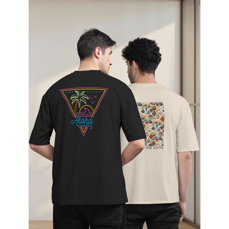 Bullmer Men's Oversized T-shirt Front and Back Printed | Black, Chalk | XL