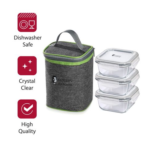 Sanjeev Kapoor Boston Square Lunch Box 3 x 400 Ml - Set Of 3 Pcs With Bag