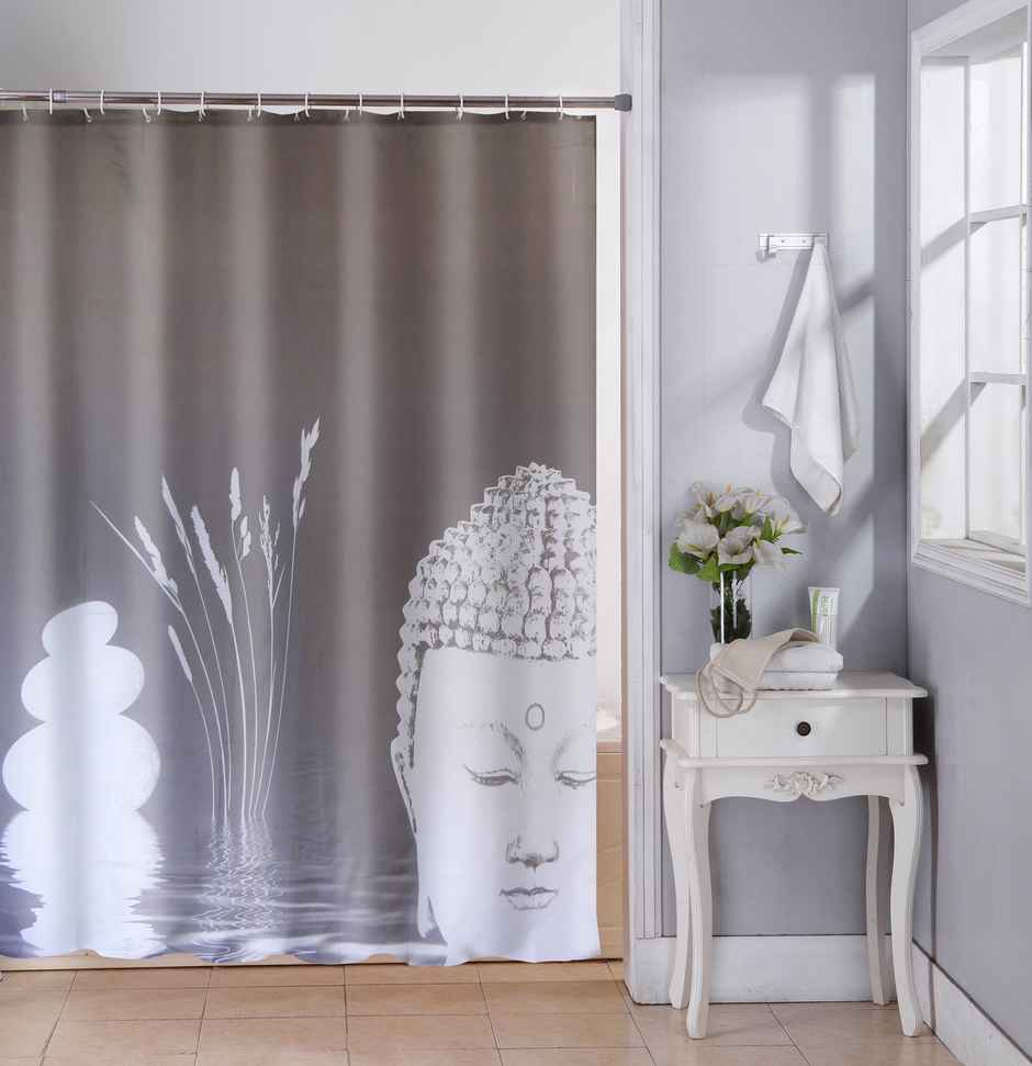 Lushomes Shower Curtain - Grey | Buddha Printed | 12 Eyelets | 12 Hooks | 6 x 6.5 ft