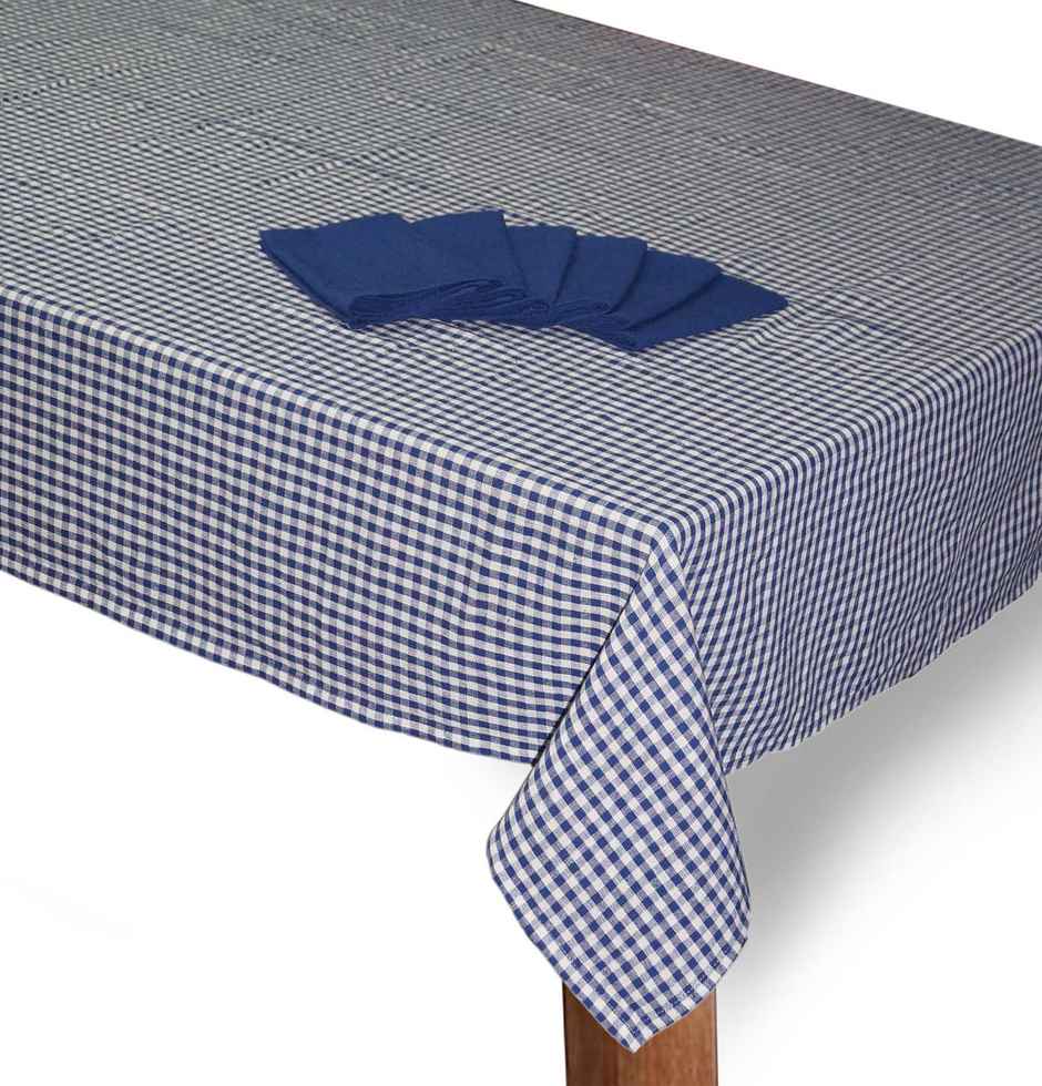 Lushomes Dining Table Cover - Indigo Blue | Cotton Checks | 60 x 90 inch | 6 Napkins