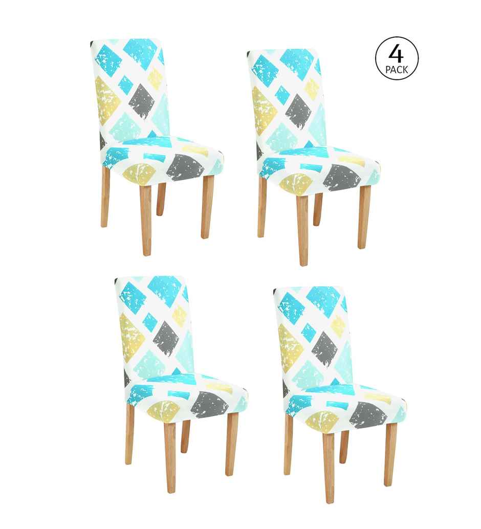 CasaCraft Pepperfry Blue Square 15x19 Inch Geometric Polyester Reversible Stretchable 4 Chair Cover