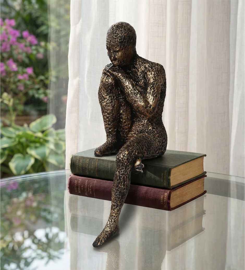 Casacraft Pepperfry Showpiece Thinking Man Statue Sitting On Rock Decorative Figurine Resin Brown