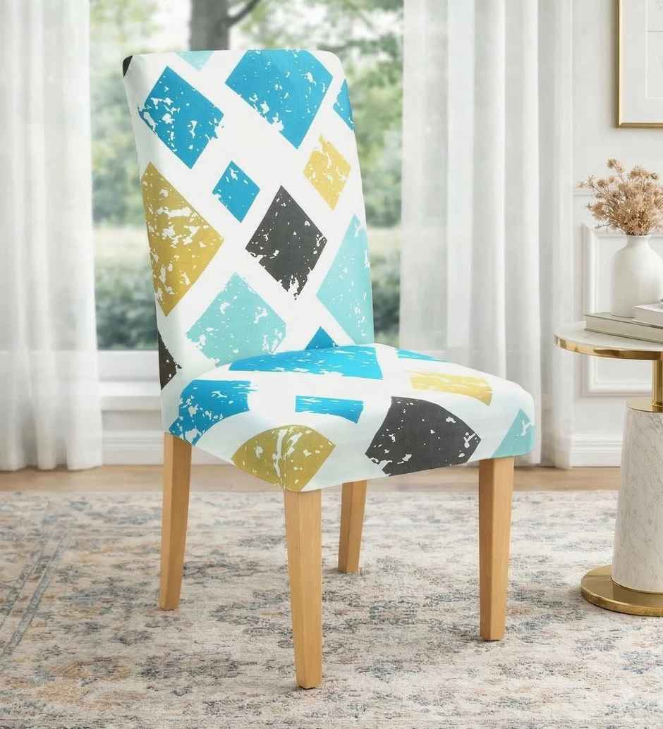 CasaCraft Pepperfry Blue Square 15x19 Inch Geometric Polyester Reversible Stretchable 4 Chair Cover