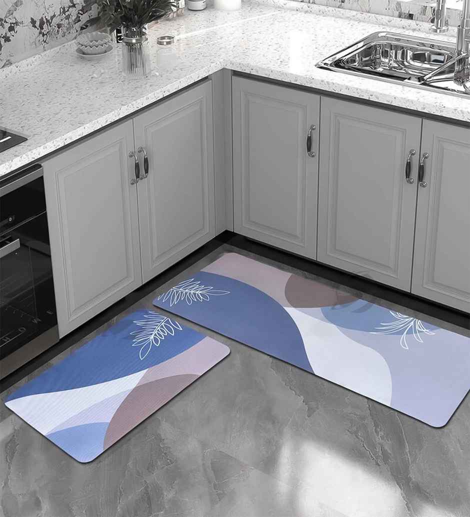CasaCraft Pepperfry Set of 2 Abstract Multicolor 120x40cm & 40x60cm Leaf Print Kitchen & Door Mats