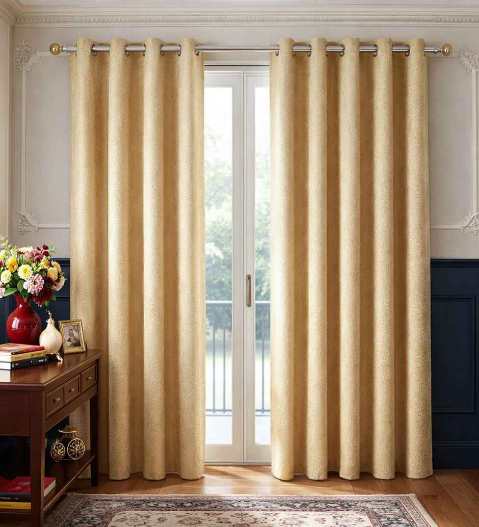 CasaCraft Pepperfry Door Curtain 9ft Set of 2 Cream Floral Velvet Blackout Eyelet for Living Room