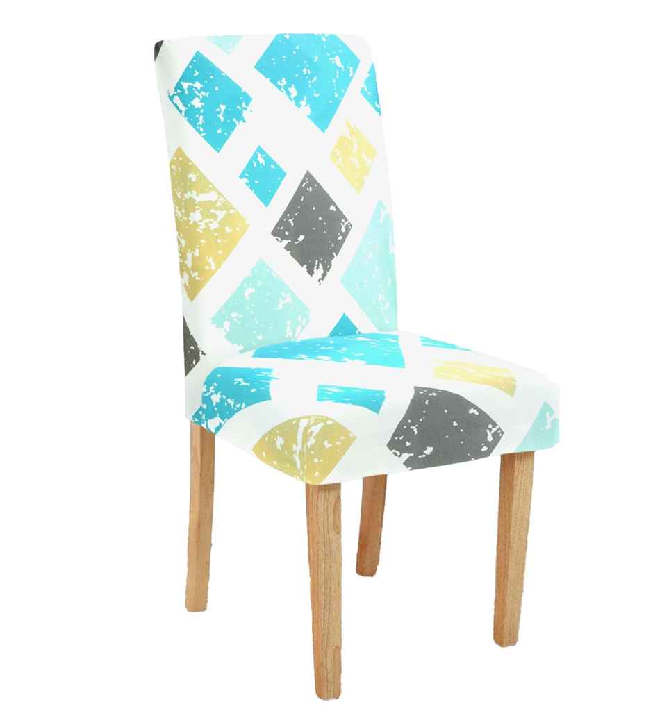 CasaCraft Pepperfry Blue Square 15x19 Inch Geometric Polyester Reversible Stretchable 4 Chair Cover