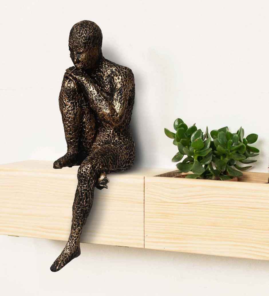 Casacraft Pepperfry Showpiece Thinking Man Statue Sitting On Rock Decorative Figurine Resin Brown