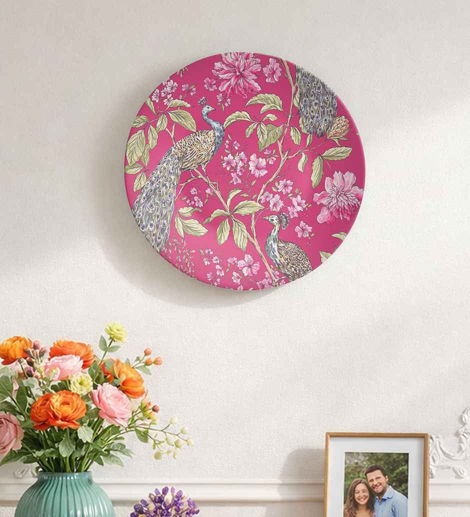 CasaCraft Pepperfry Decorative Pink Artistic Peacock Round Wall Hanging Decor Plate for Living Room