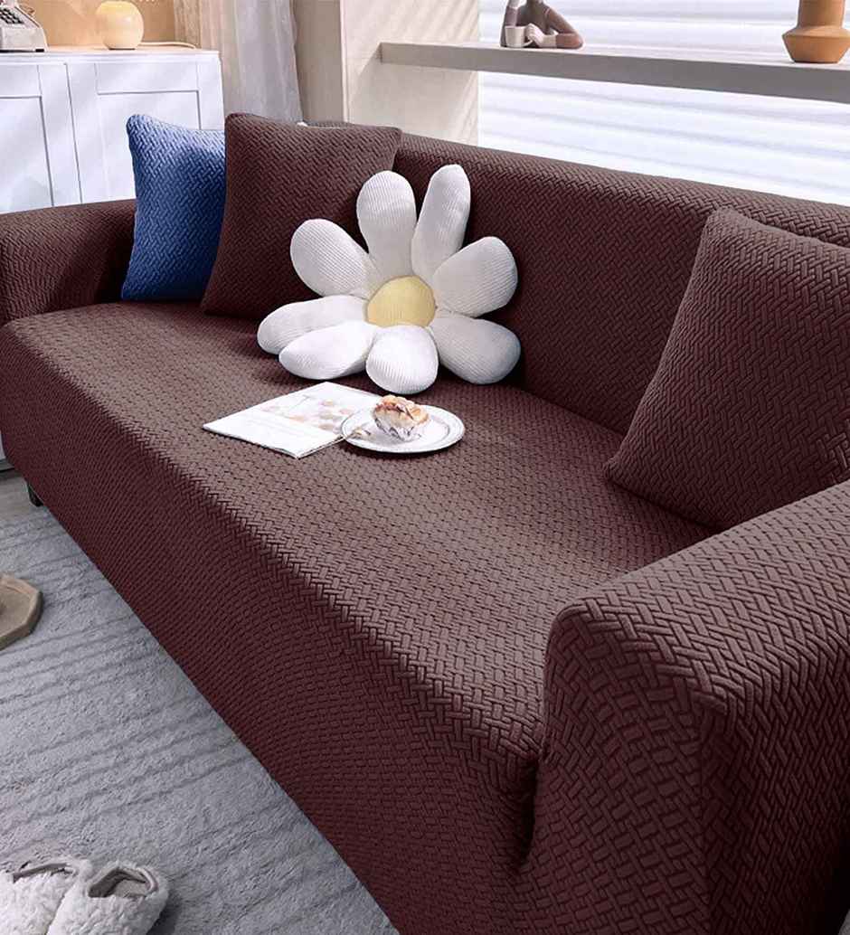 Casacraft by Pepperfry Jacquard Sofa Cover | Washable Couch Cover | Brown | 230 x 185 cm