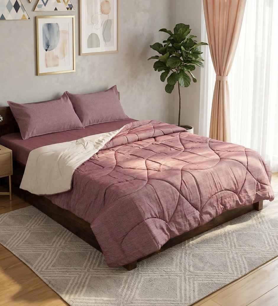 Casacraft Pepperfry Bedding Sets Chico Wine 210Tc Cotton Blanket With 1 Bedsheet & 2 Pillow Cover