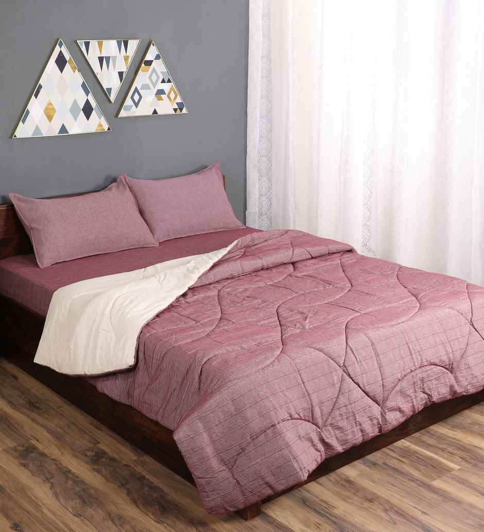 Casacraft Pepperfry Bedding Sets Chico Wine 210Tc Cotton Blanket With 1 Bedsheet & 2 Pillow Cover