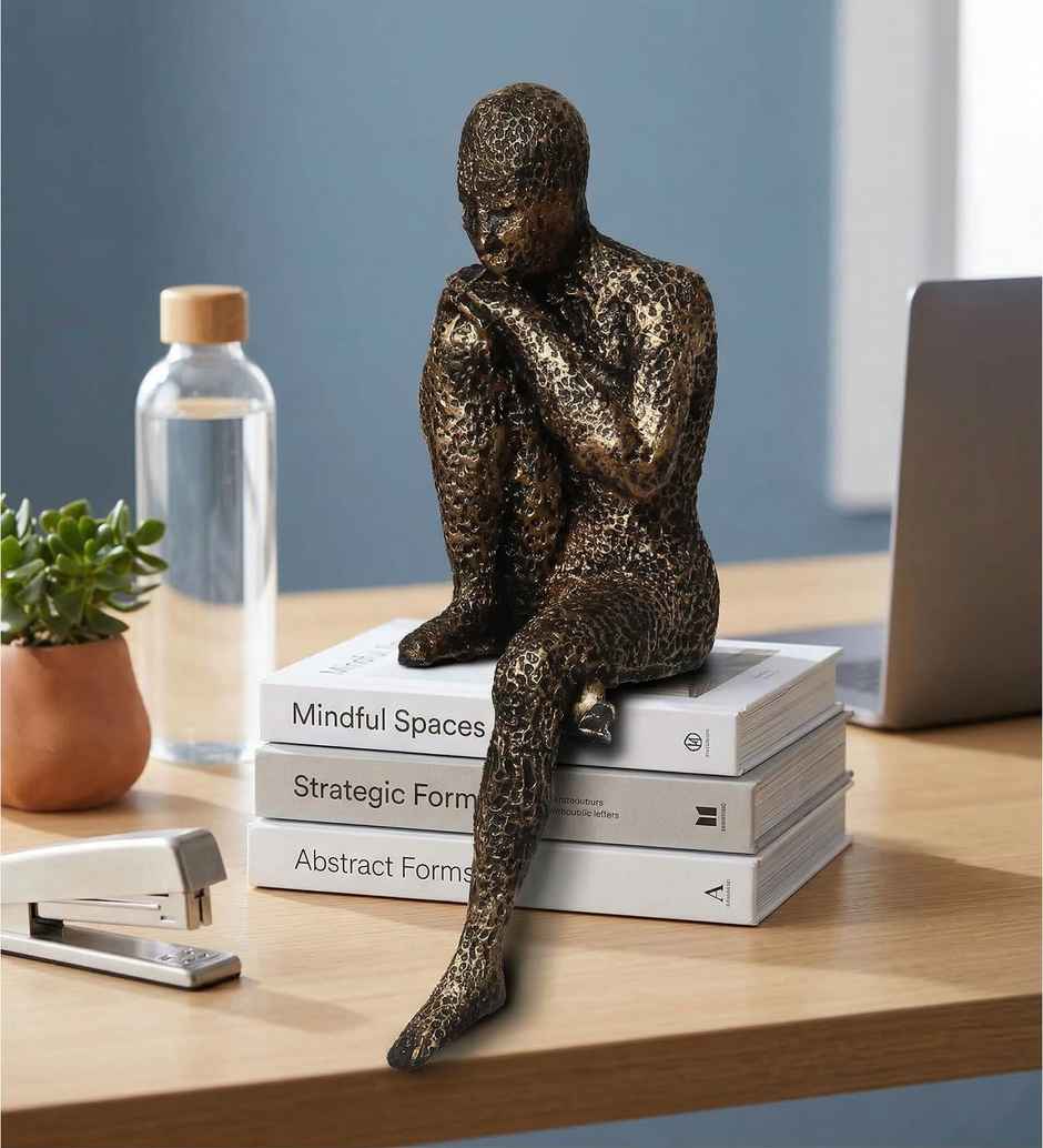 Casacraft Pepperfry Showpiece Thinking Man Statue Sitting On Rock Decorative Figurine Resin Brown