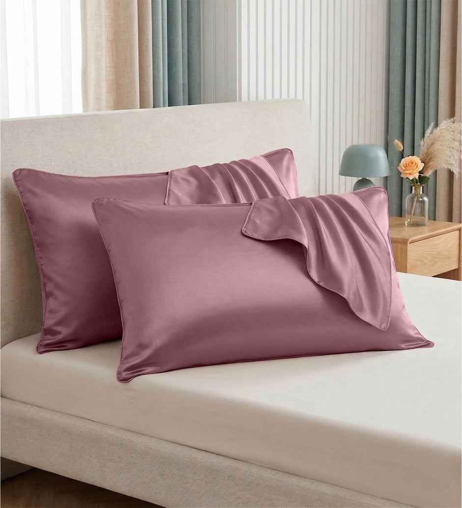 Casacraft by Pepperfry Rose Pink 400 TC Silk 2 Pillow Covers With 3 Assorted Scrunchie Free