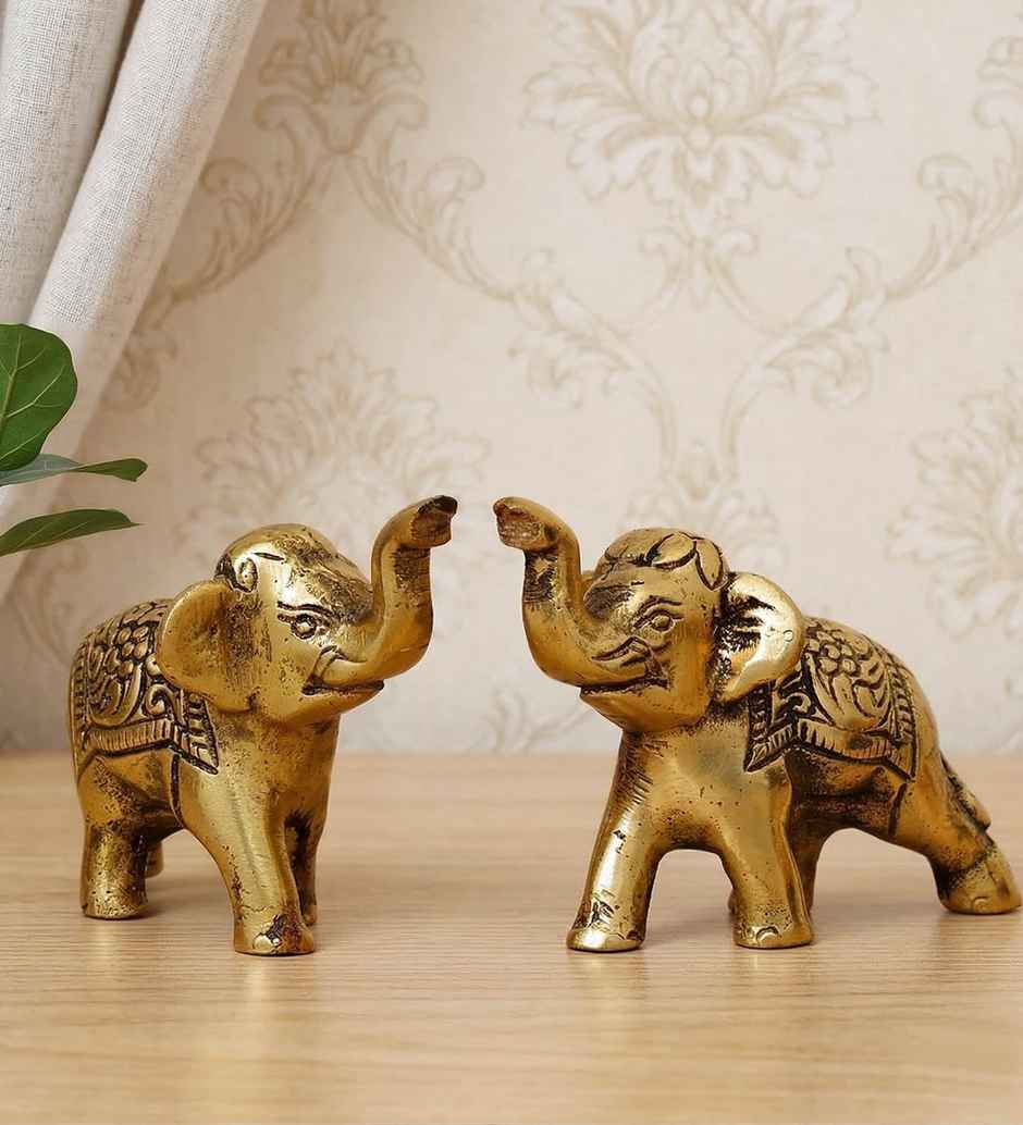 Casacraft Pepperfry Elephant Goodluck Figurine Set | Golden Metal Handcrafted Showpiece For Home
