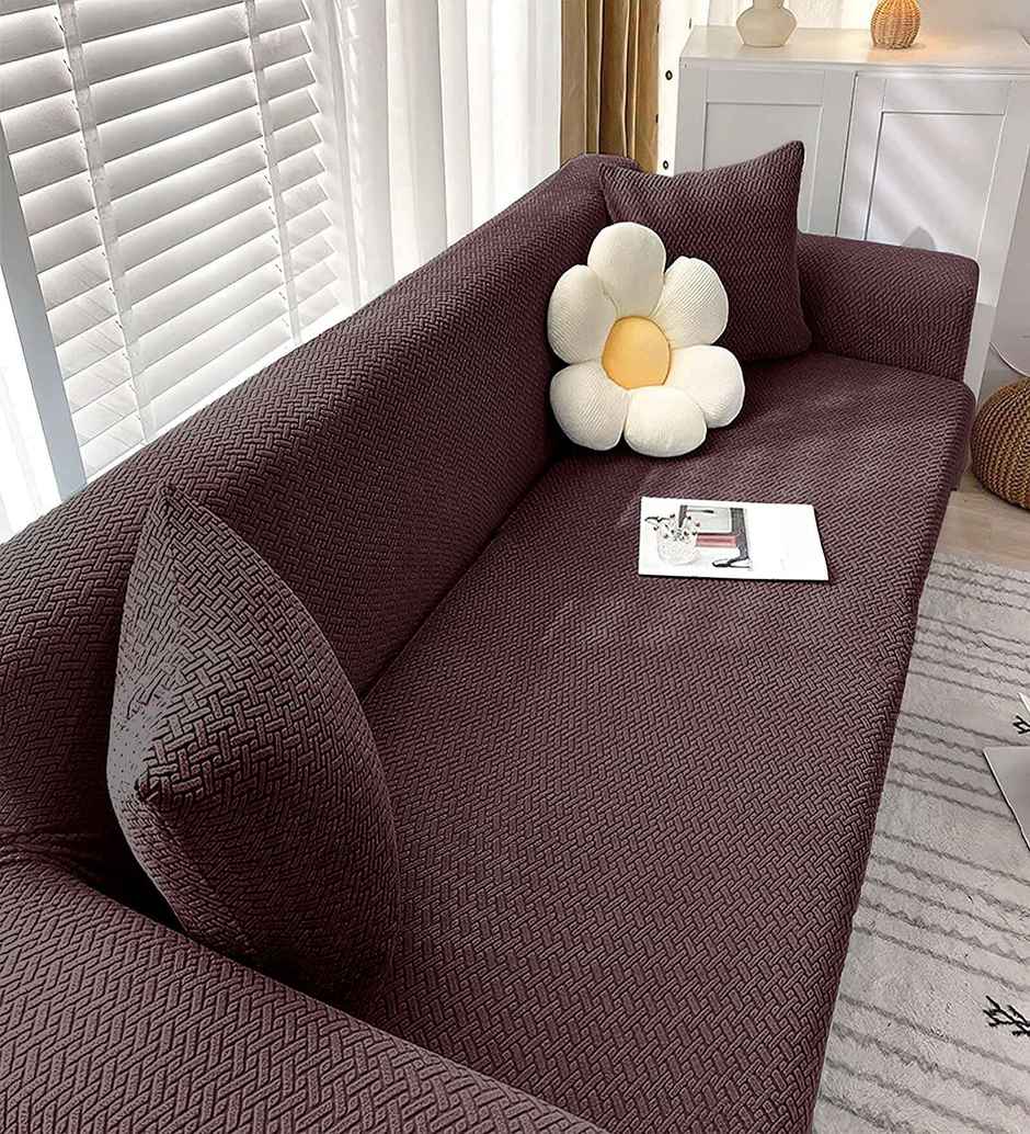 Casacraft by Pepperfry Jacquard Sofa Cover | Washable Couch Cover | Brown | 230 x 185 cm