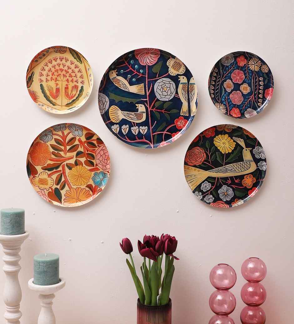 Amaya Decors Bird Metal & Meena Wall Plates Set Of 5 - Assorted