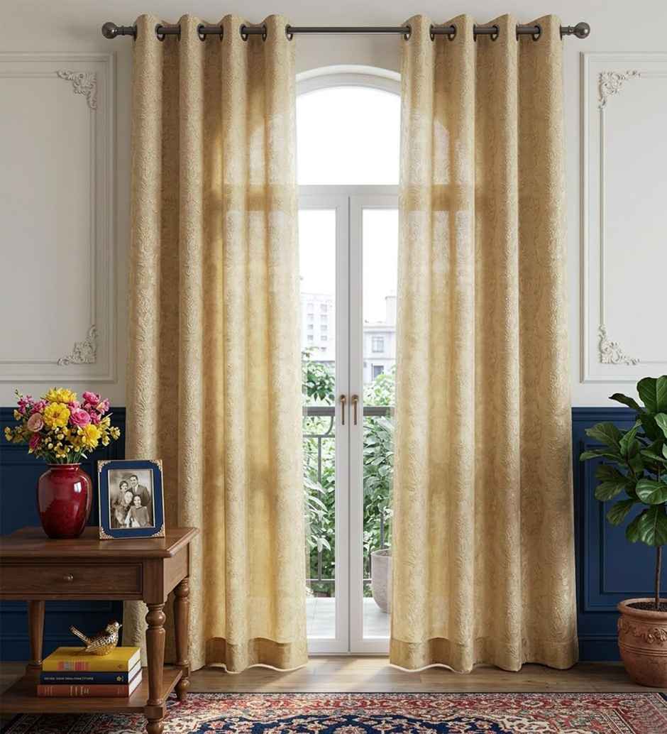 CasaCraft Pepperfry Door Curtain 9ft Set of 2 Cream Floral Velvet Blackout Eyelet for Living Room
