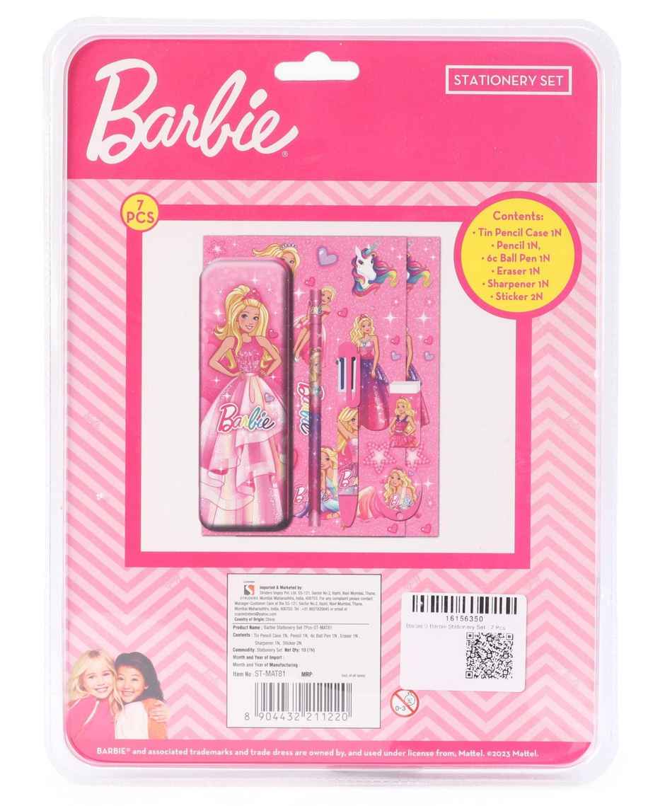 Barbie Stationery Set (7Pcs) With Barbie Theme 1 Tin Pencil Case, 1 Pencil Gift For Kids