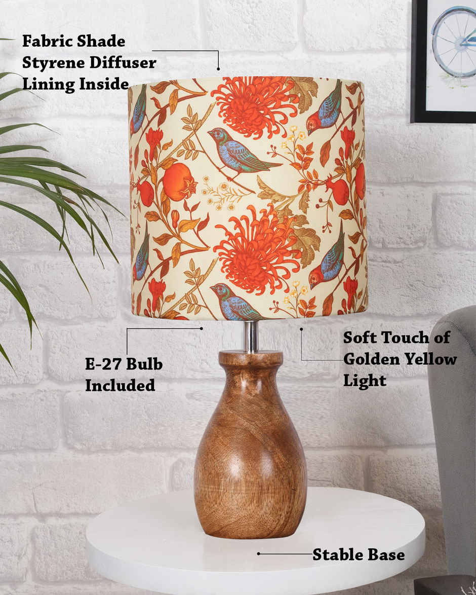 Homesake Dovel Pot Modern Wooden Table Lamp with Fabric Shade, Birds