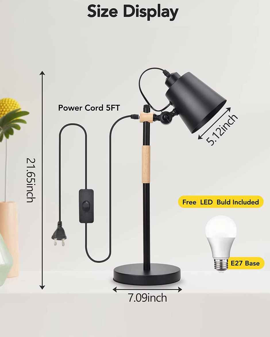 Homesake Nordic Black Metal Desk Lamp with Natural Wood| Modern Minimalist Adjustable Reading Light