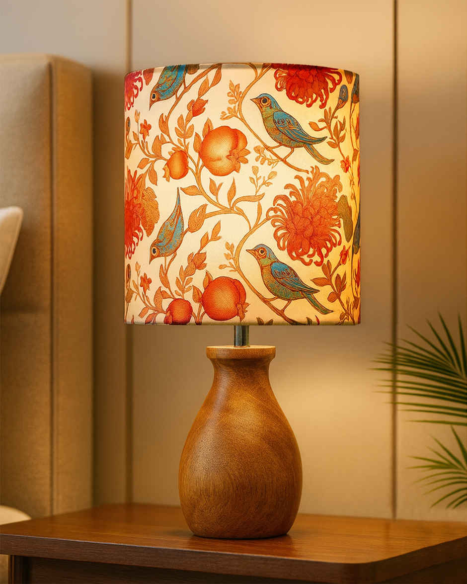 Homesake Dovel Pot Modern Wooden Table Lamp with Fabric Shade, Birds