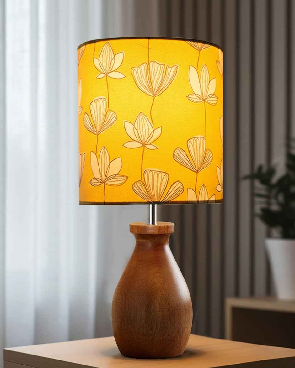 Homesake Dovel Pot Modern Wooden Table Lamp with Fabric Shade, Hibiscus