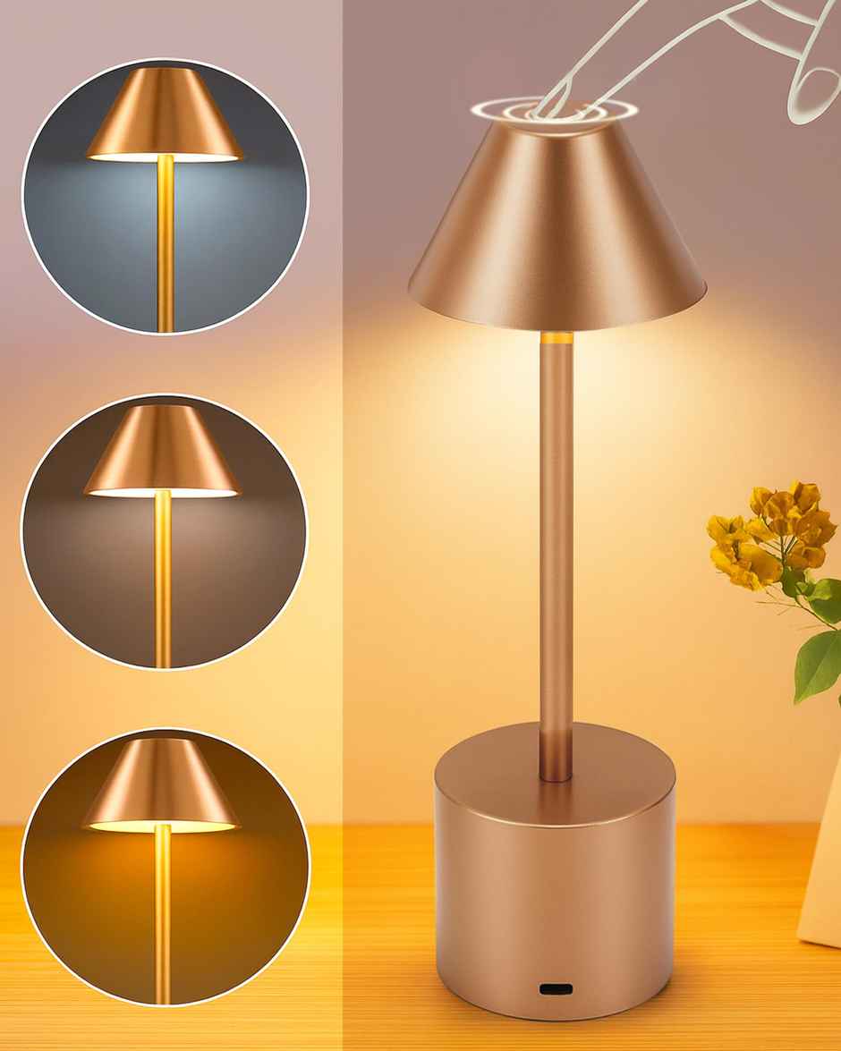 HOMESAKE Metal Cone Table Lamp | Portable Dimmable | Touch Control | Wireless Charging | Rose Gold