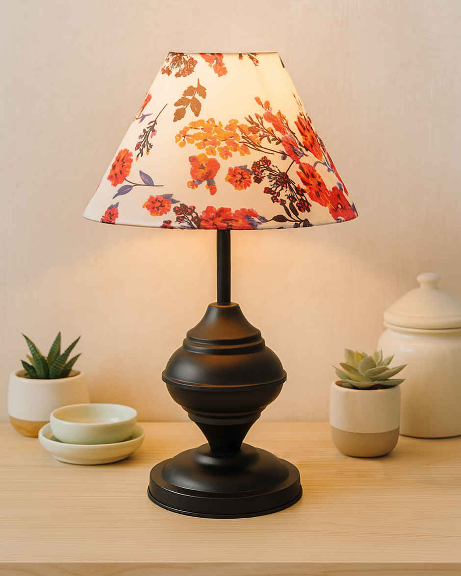Homesake Black Metal Table Lamp with Fabric Shade, E27 holder, Urn, Cone Marigold