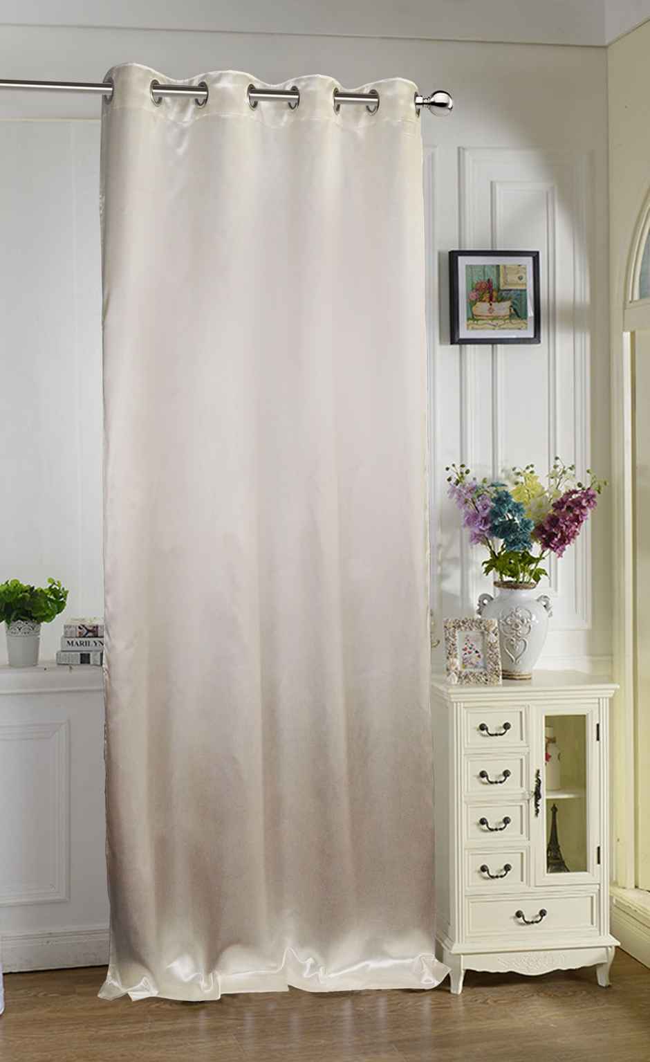 Lushomes Satin Curtain - Cream | Door Curtain | 8 Metal SS Eyelets | 4.5 x 7.5 ft | 54 x 90 inch