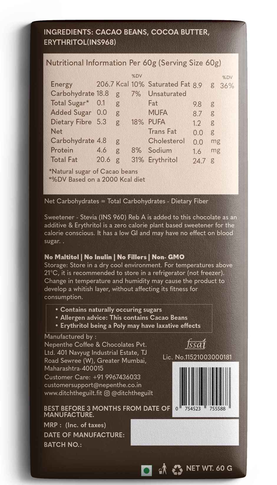 Ditch The Guilt 86% Cacao Zero Sugar Dark Chocolate