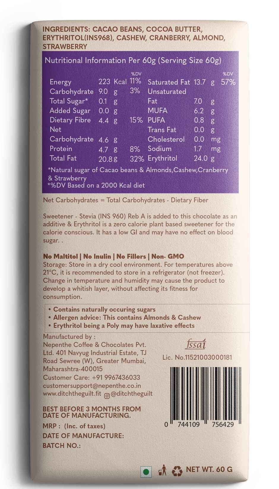 Ditch The Guilt Nuts and Fruits Dark Chocolate