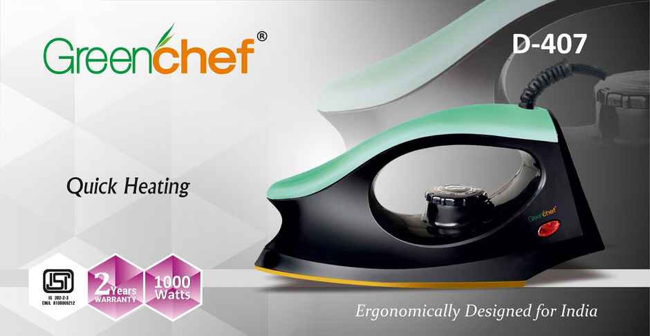 Greenchef D - 407 Dry Iron, 1000W, 360 Degree Swivel Cord, Cool Touch Body - Black